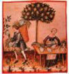 В старину в медицине широко использовали растения. На иллюстрации из лука-порея готовят снадобье.