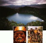 Покрытый золотой пылью Эльдорадо (рисунок справа) совершал омовение в священном озере - возможно, в озере Гуатавита, неподалеку от современной Боготы, в котором было найдено много золотых изделий (справа).